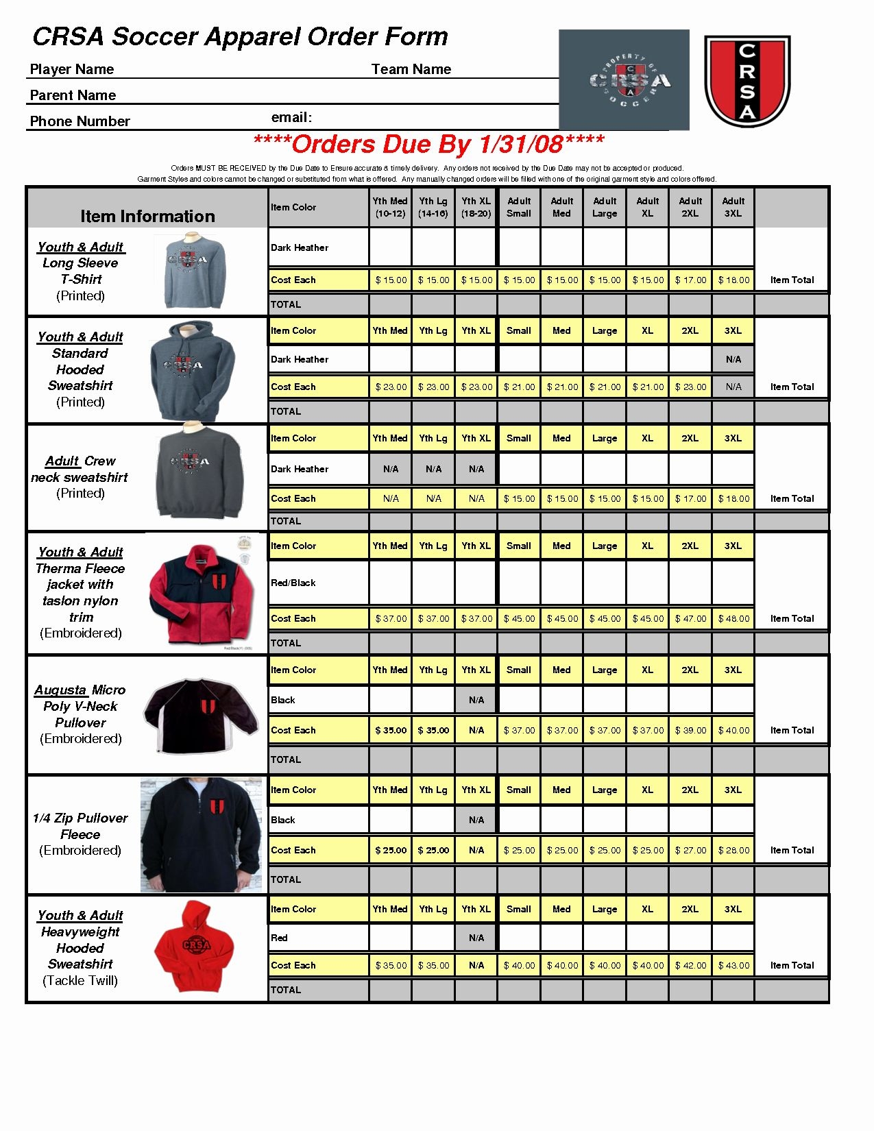printable clothing order form template free