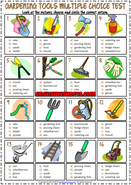 Gardening Tools ESL Printable Multiple Choice Test For Kids