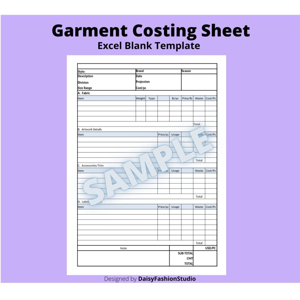 Garment Costing Sheet Template Excel Cost Sheet Template For Etsy UK