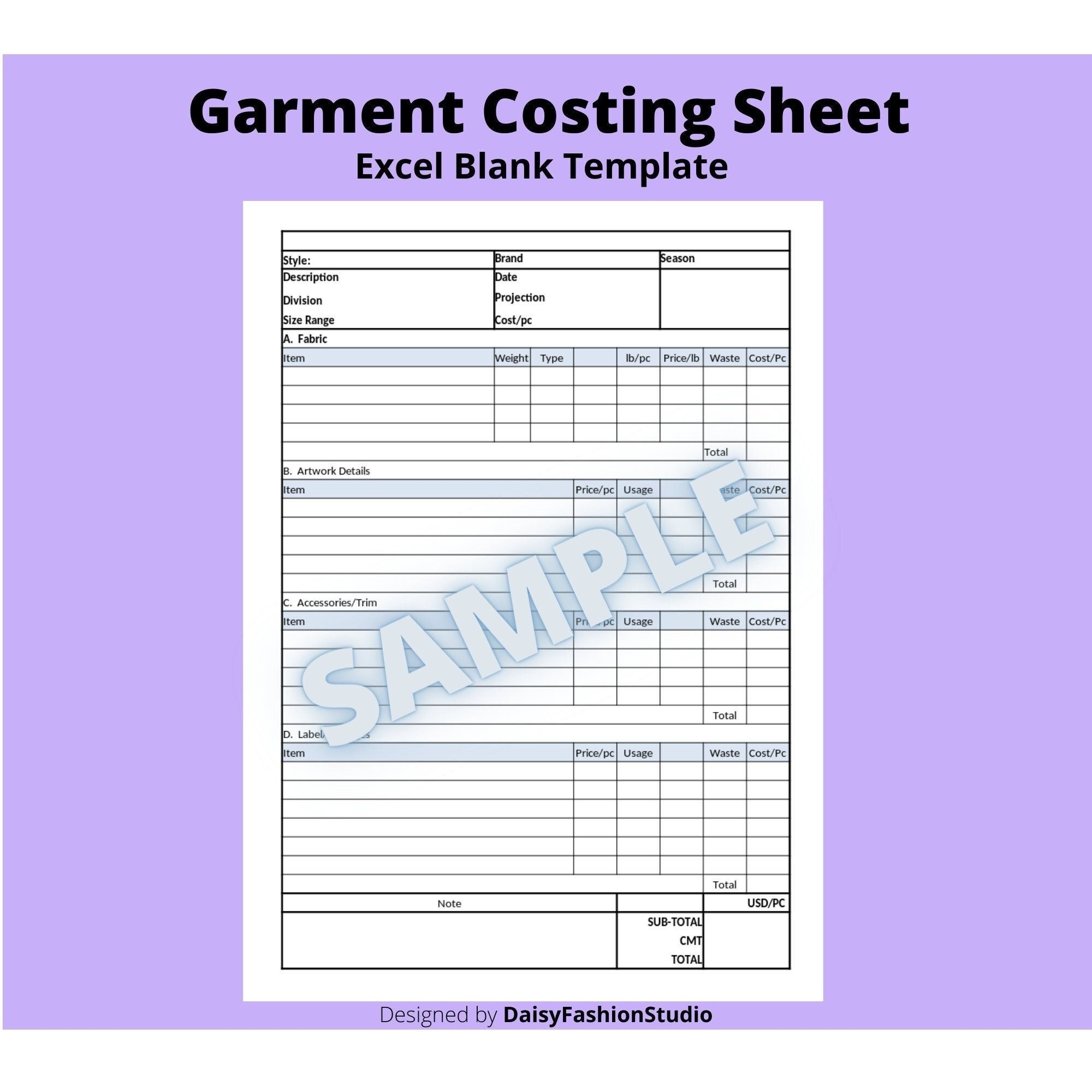 Garment Costing Sheet Template Excel Cost Sheet Template For Etsy UK 