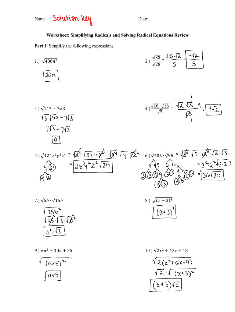worksheet for simplifying radicals