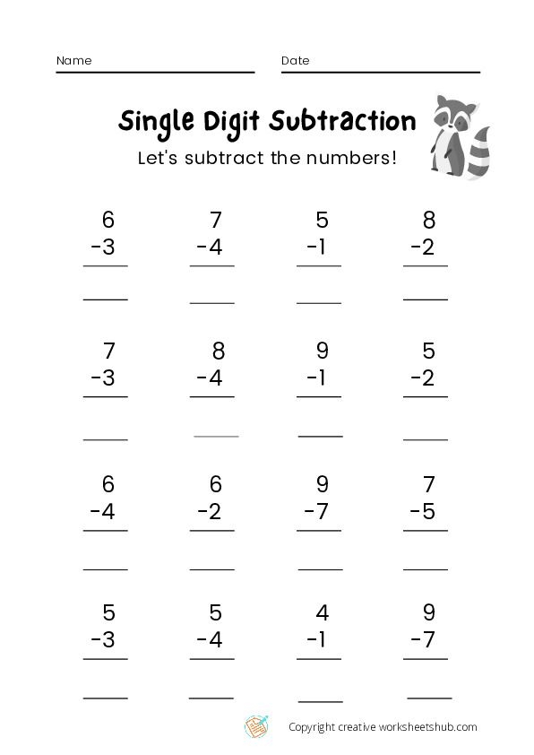 Grade 1 Subtraction Worksheets Creativeworksheetshub Subtraction