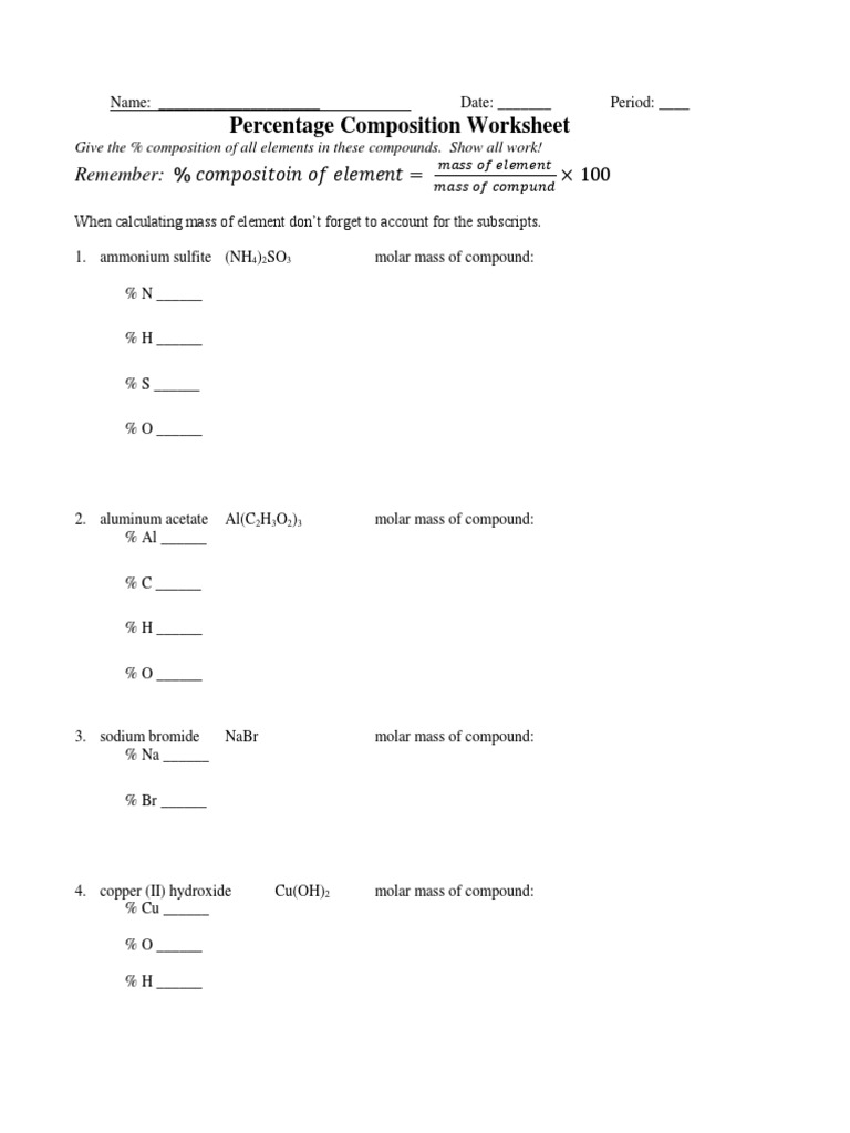 percent composition worksheet
