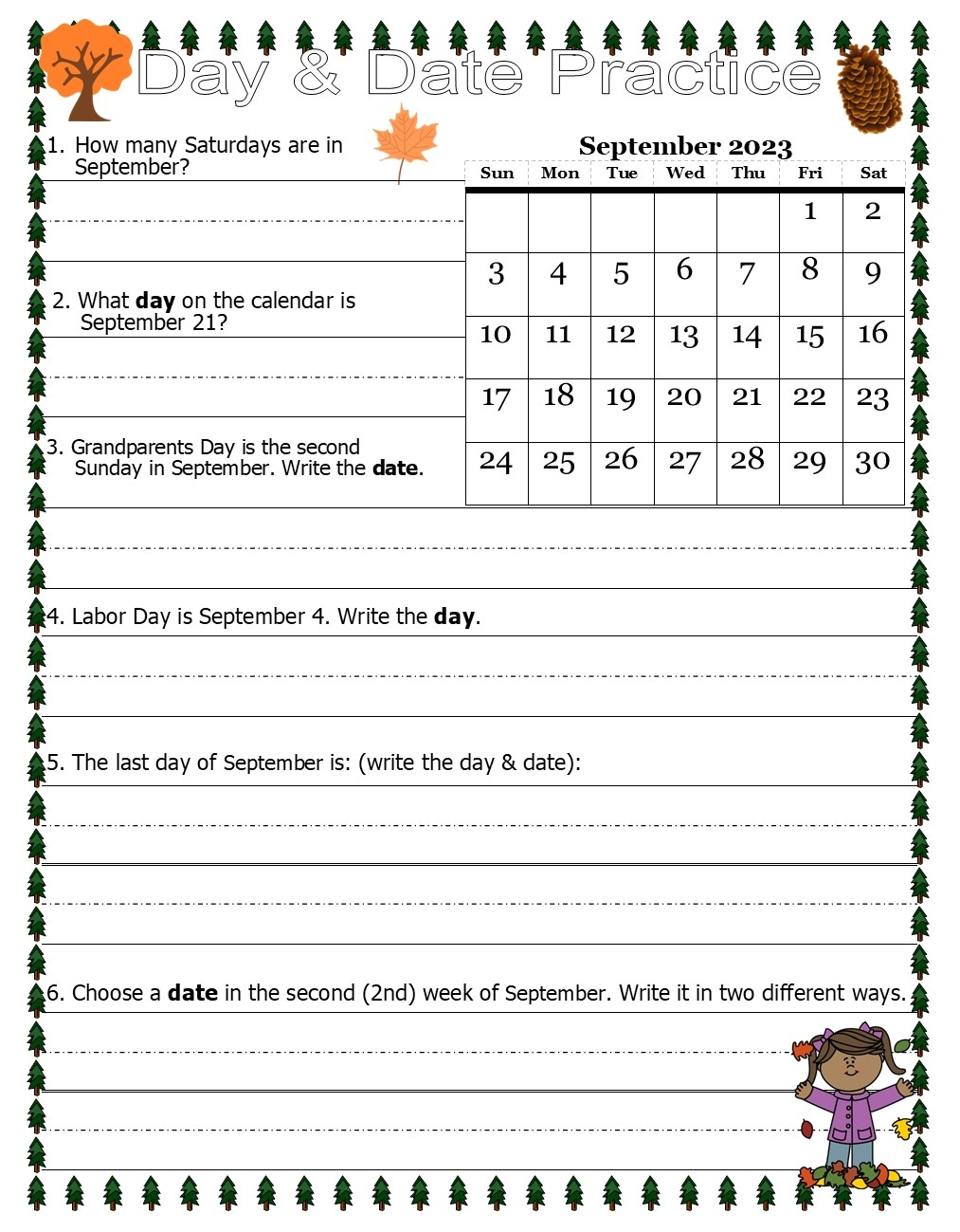 printable calendar worksheet