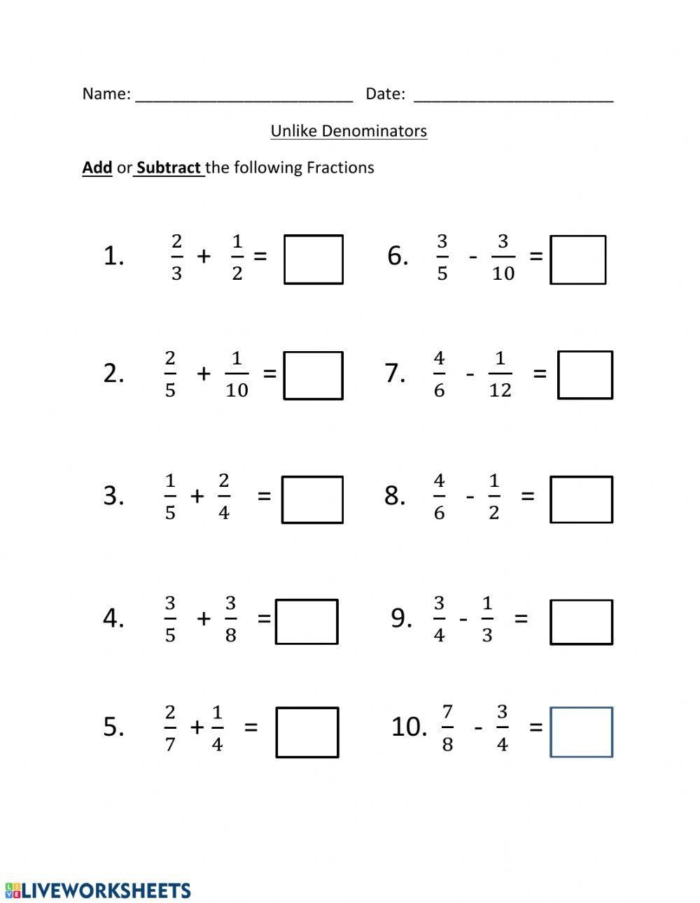 addition of fractions with unlike denominators worksheets