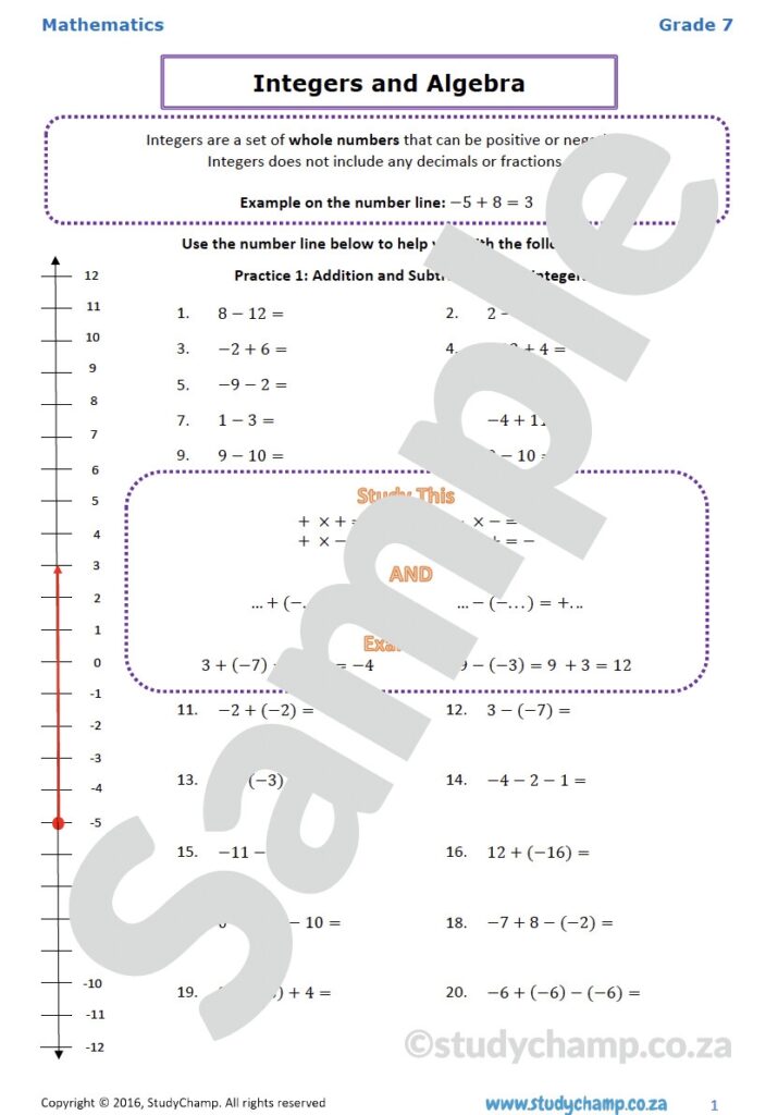 Grade 7 Mathematics Worksheet Integers And Algebra Worksheets Library