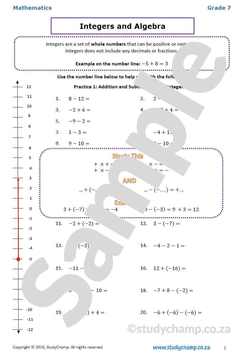 Grade 7 Mathematics Worksheet Integers And Algebra Worksheets Library