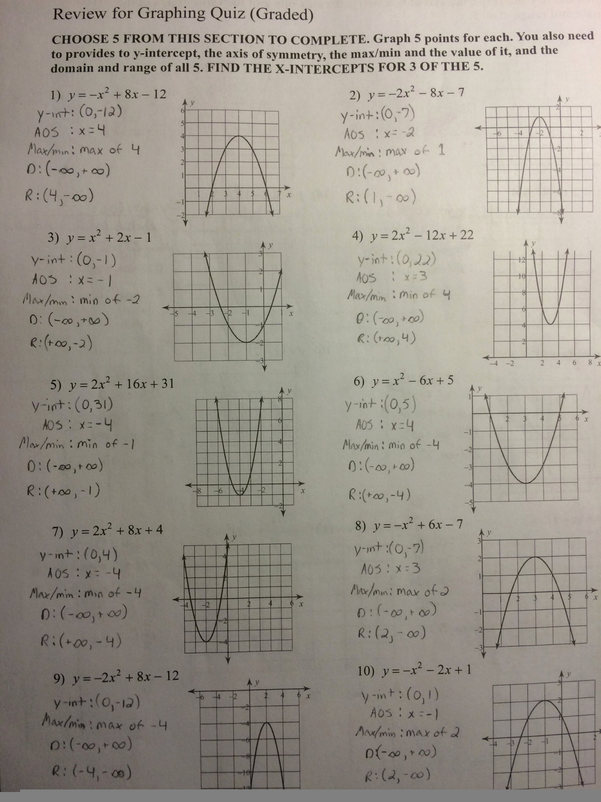 quadratic equations worksheet