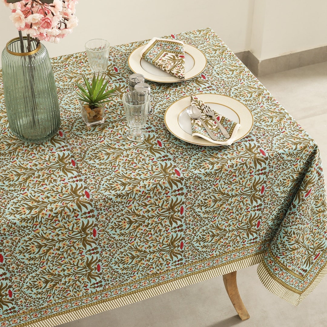 Green Block Print Tablecloth Garden Tablecloth Indian Table Linen 