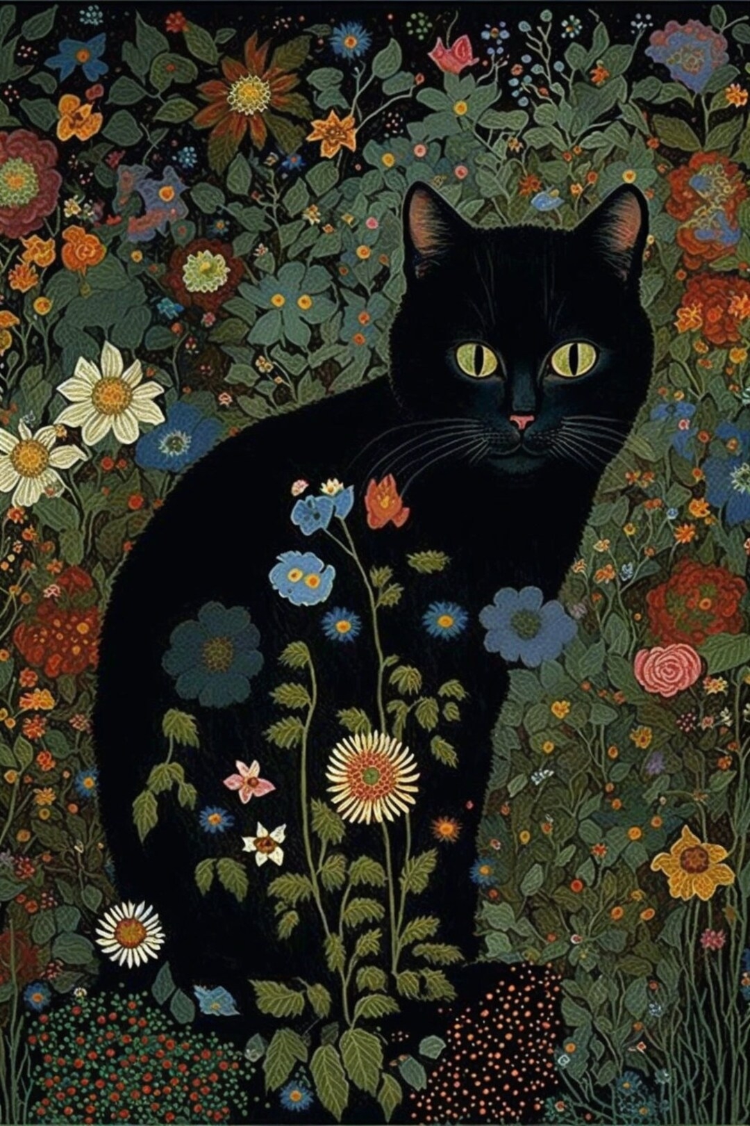 Gustav Klimt Garden Cat Print Klimt Flowers Cat Poster Black Cat Art 