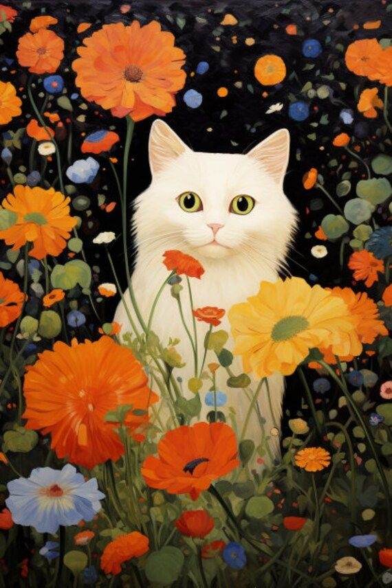 Gustav Klimt Garden Cat Print Klimt Flowers Cat Poster White Cat Art