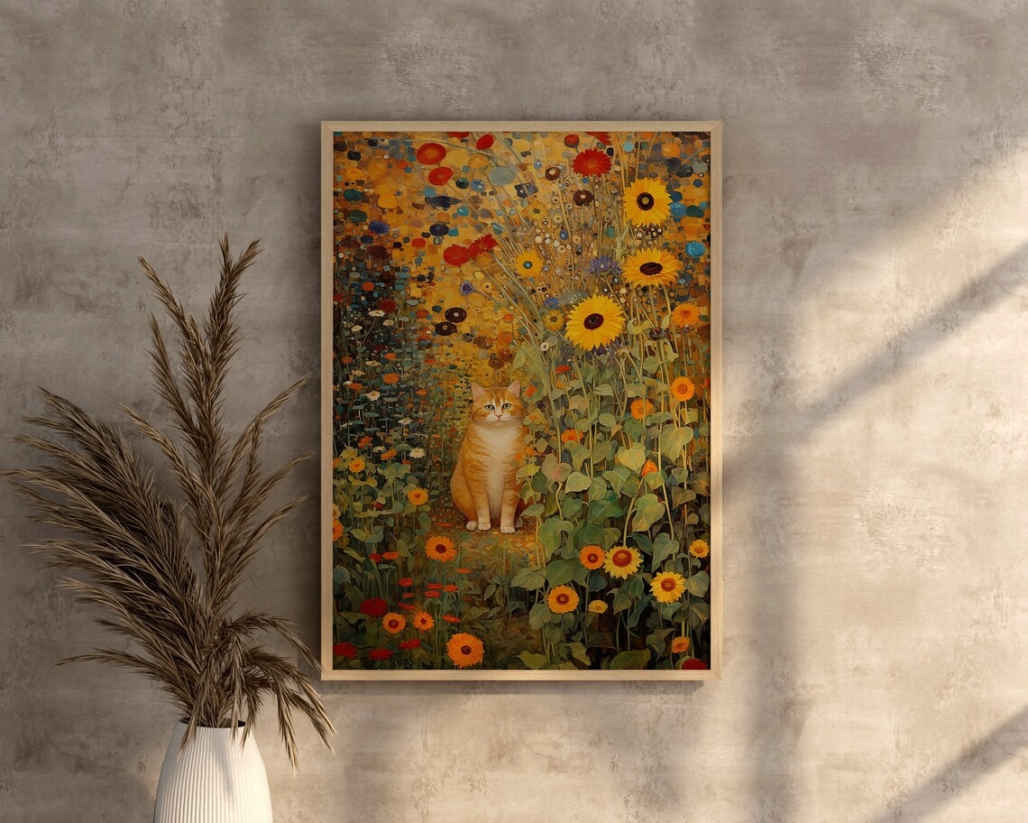Gustav Klimt Garden Cat Print Orange Cat Art Klimt Flowers Etsy