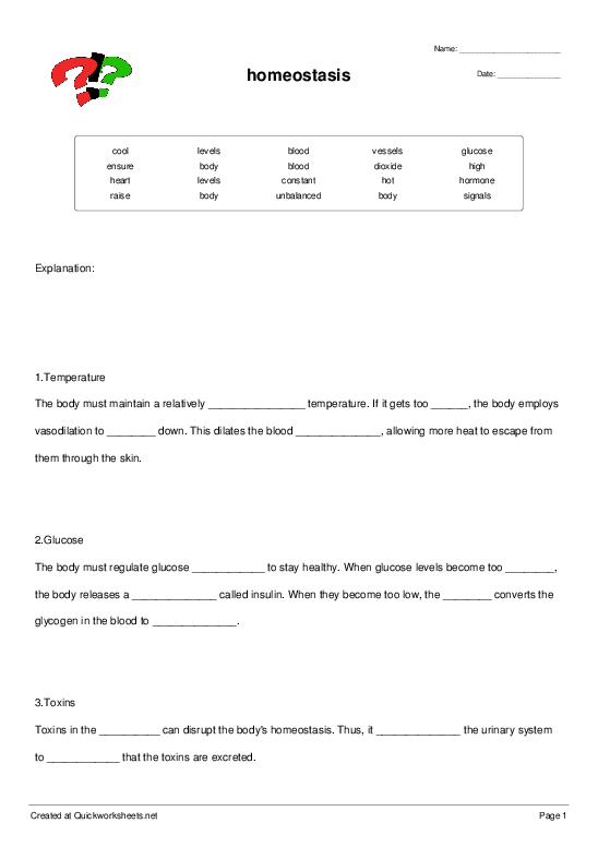Homeostasis Worksheet Recognize Normal Parameters Printable Word Searches