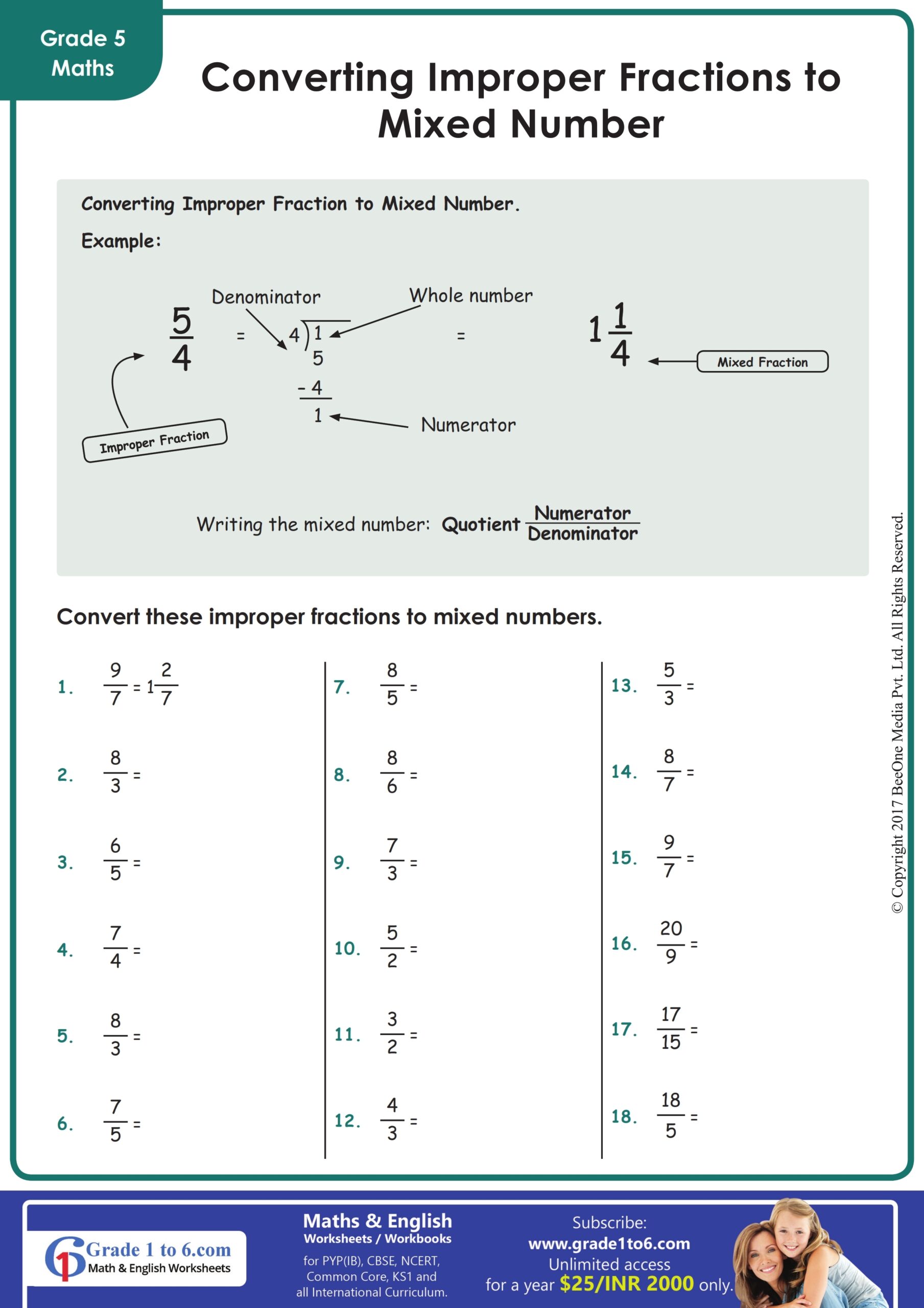 Improper Fraction To Mixed Number Fraction Worksheet Download 