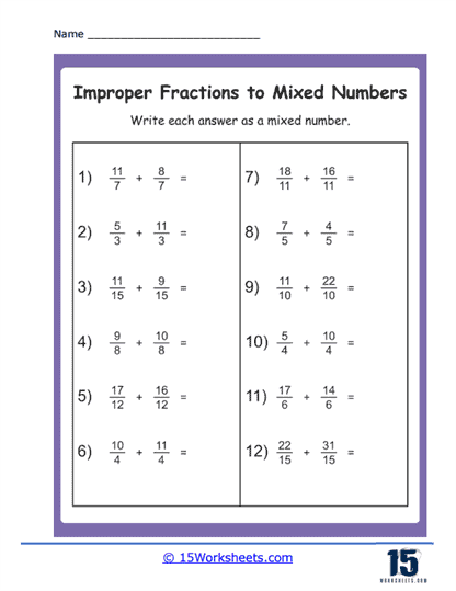 Improper Fractions To Mixed Numbers Worksheets 15 Worksheets 