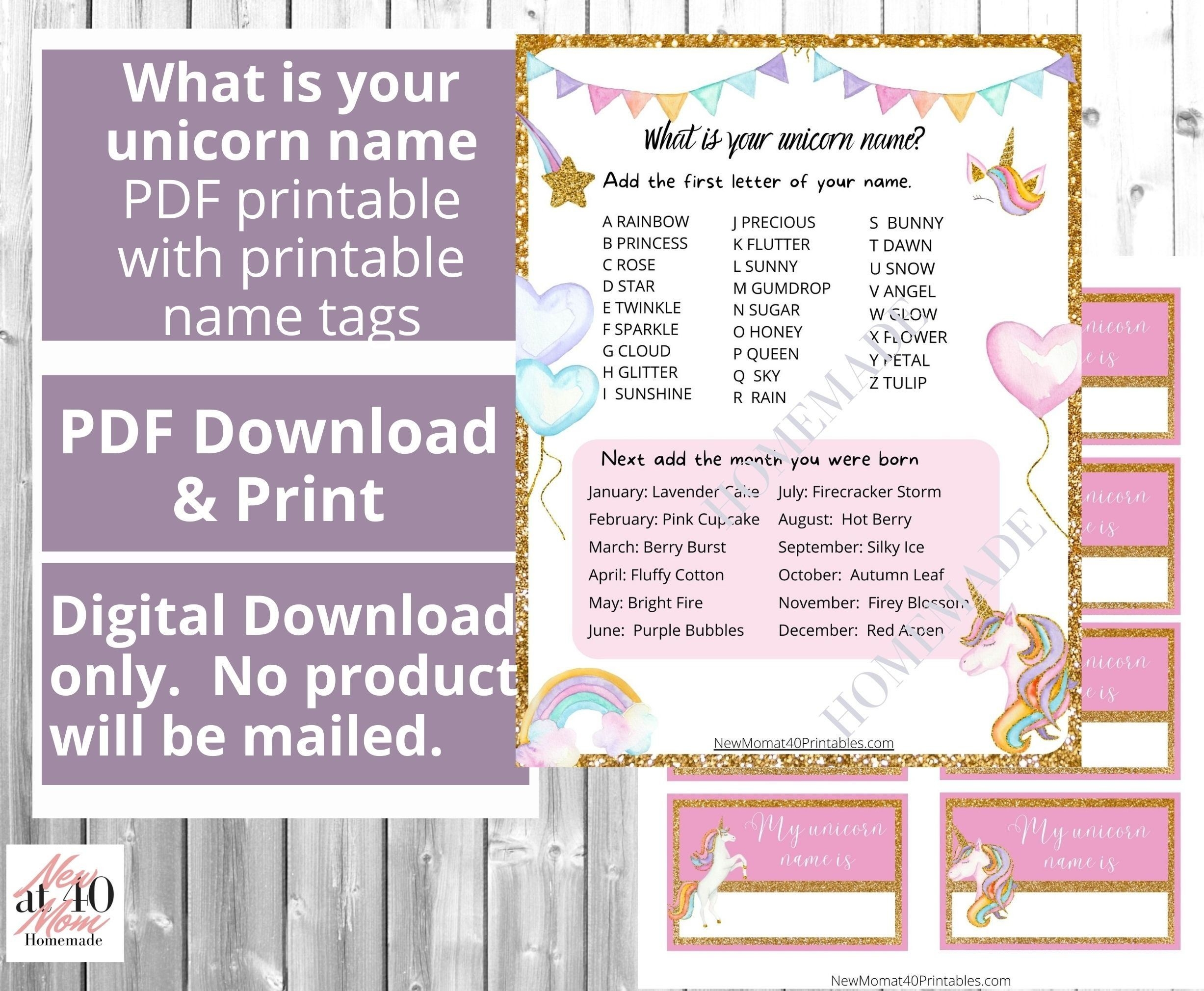 Instant Download What Is Your Unicorn Name Game Birthday Party Game 