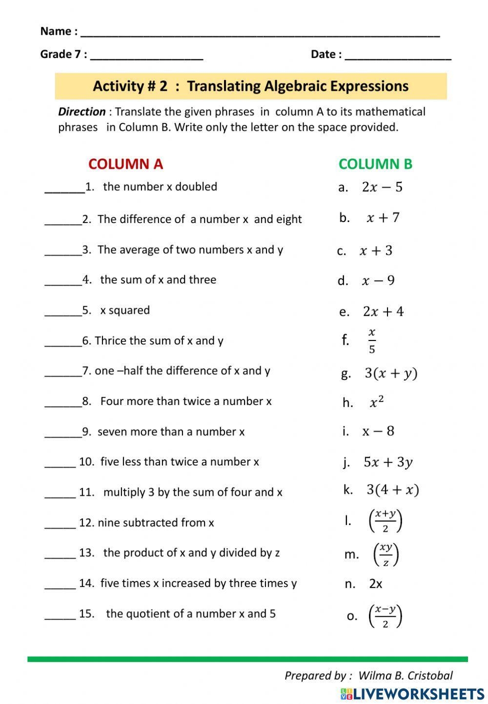 Introduction To Algebraic Expressions Worksheets 99Worksheets 