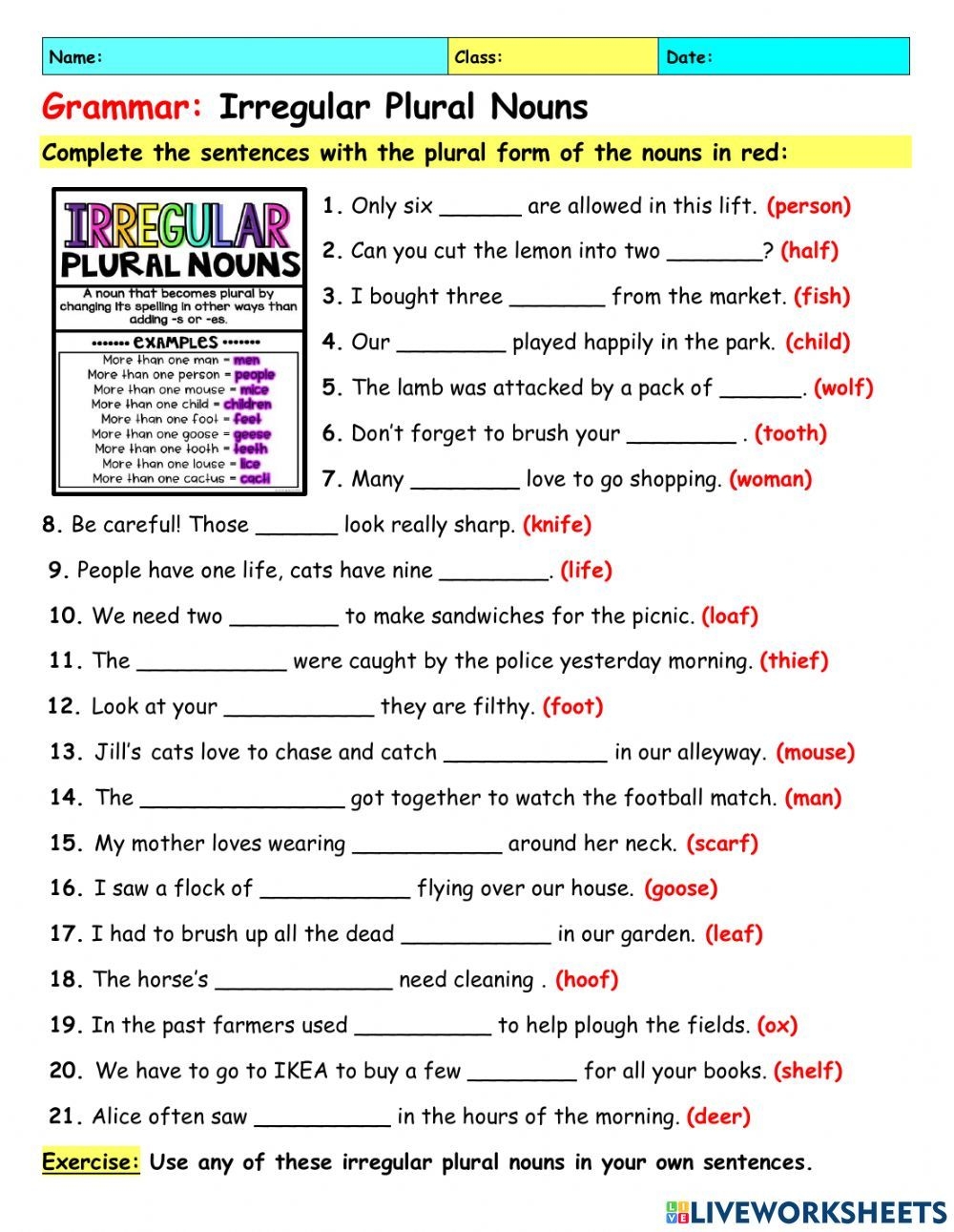 irregular plural nouns worksheet