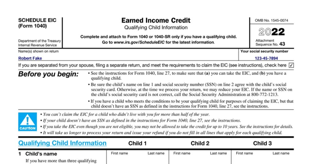 IRS Form 1040 Schedule EIC 2022 Earned Income Credit Worksheets