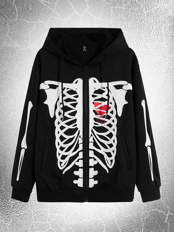 Is That The New Goth Guys Skeleton Print Zip Up Hoodie ROMWE USA