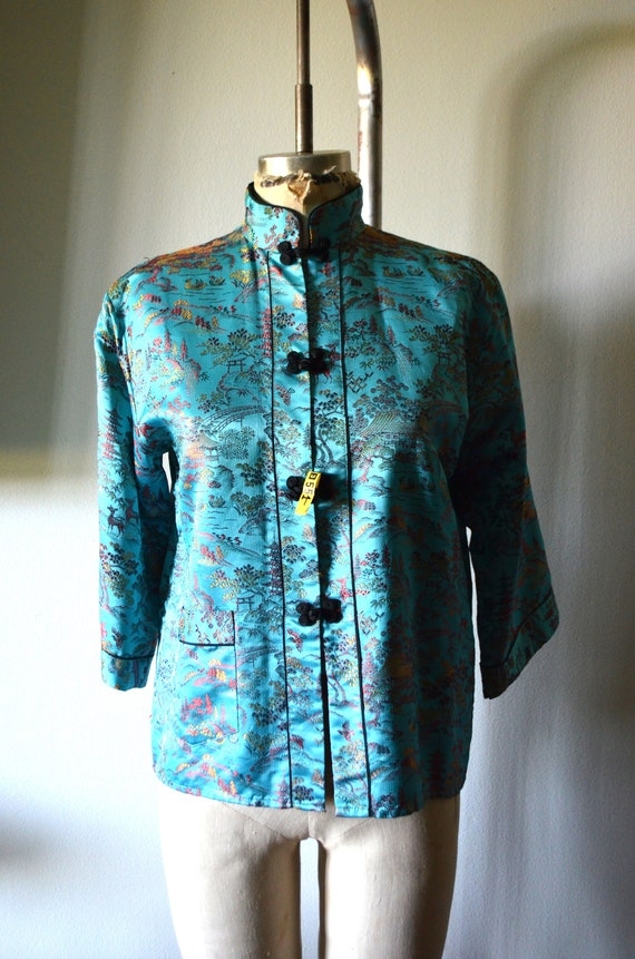 Japanese Mao Blue Asian Garden Print Blouse Asian Sty Gem
