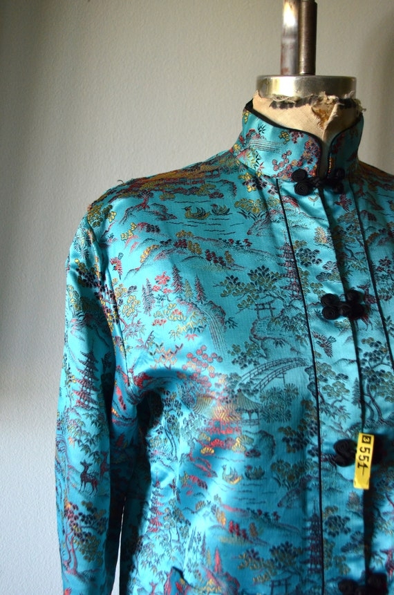 Japanese Mao Blue Asian Garden Print Blouse Asian Sty Gem