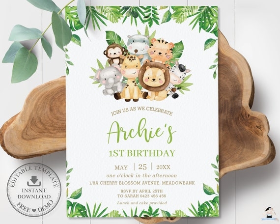 Jungle Animals Birthday Invitation EDITABLE TEMPLATE Etsy