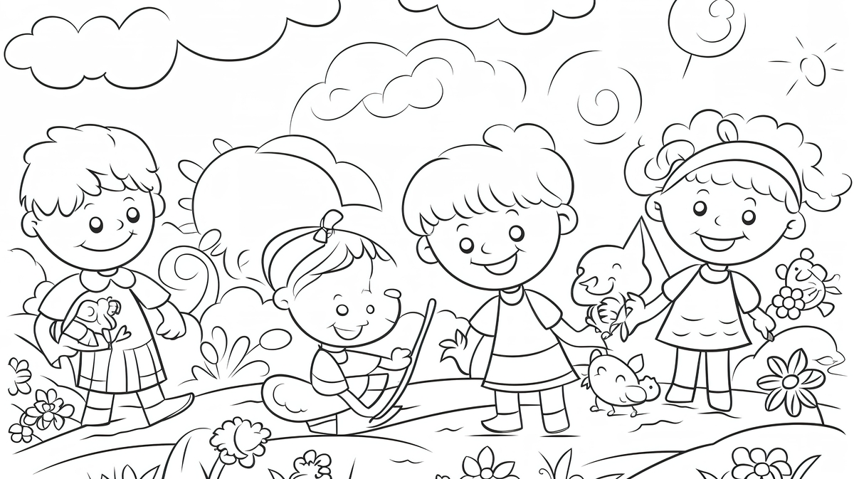 Kids In Garden Coloring Pages Printable Background Coloring Picture 