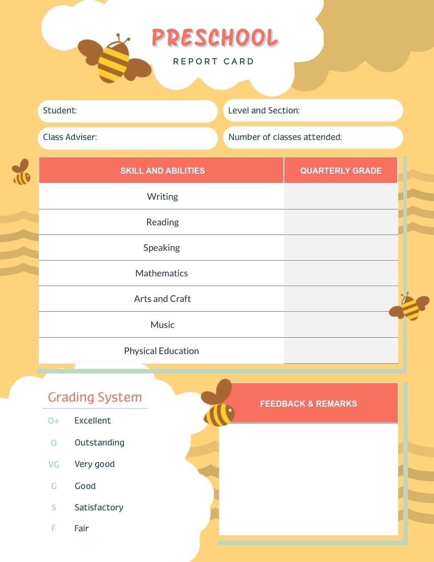 free kindergarten report card printable