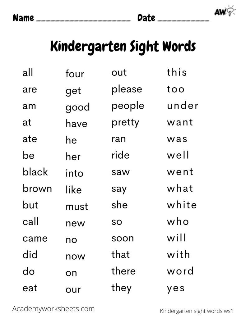 sight words for kindergarten worksheets