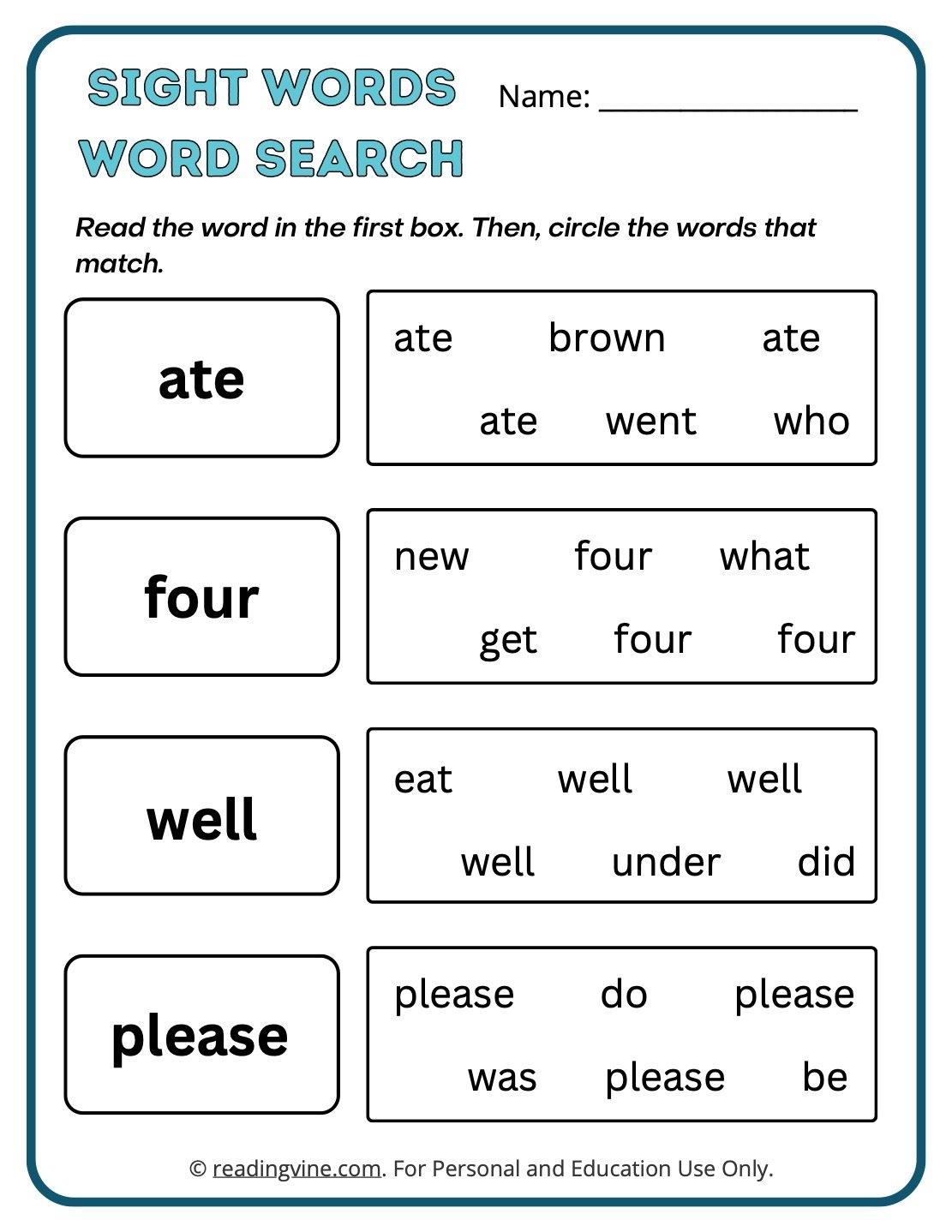 Kindergarten Sight Words Worksheets