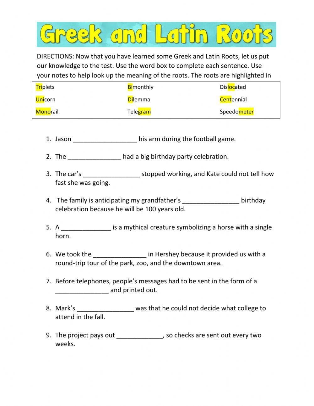 Latin And Greek Roots Word Study Unit Printable Skills Sheets 