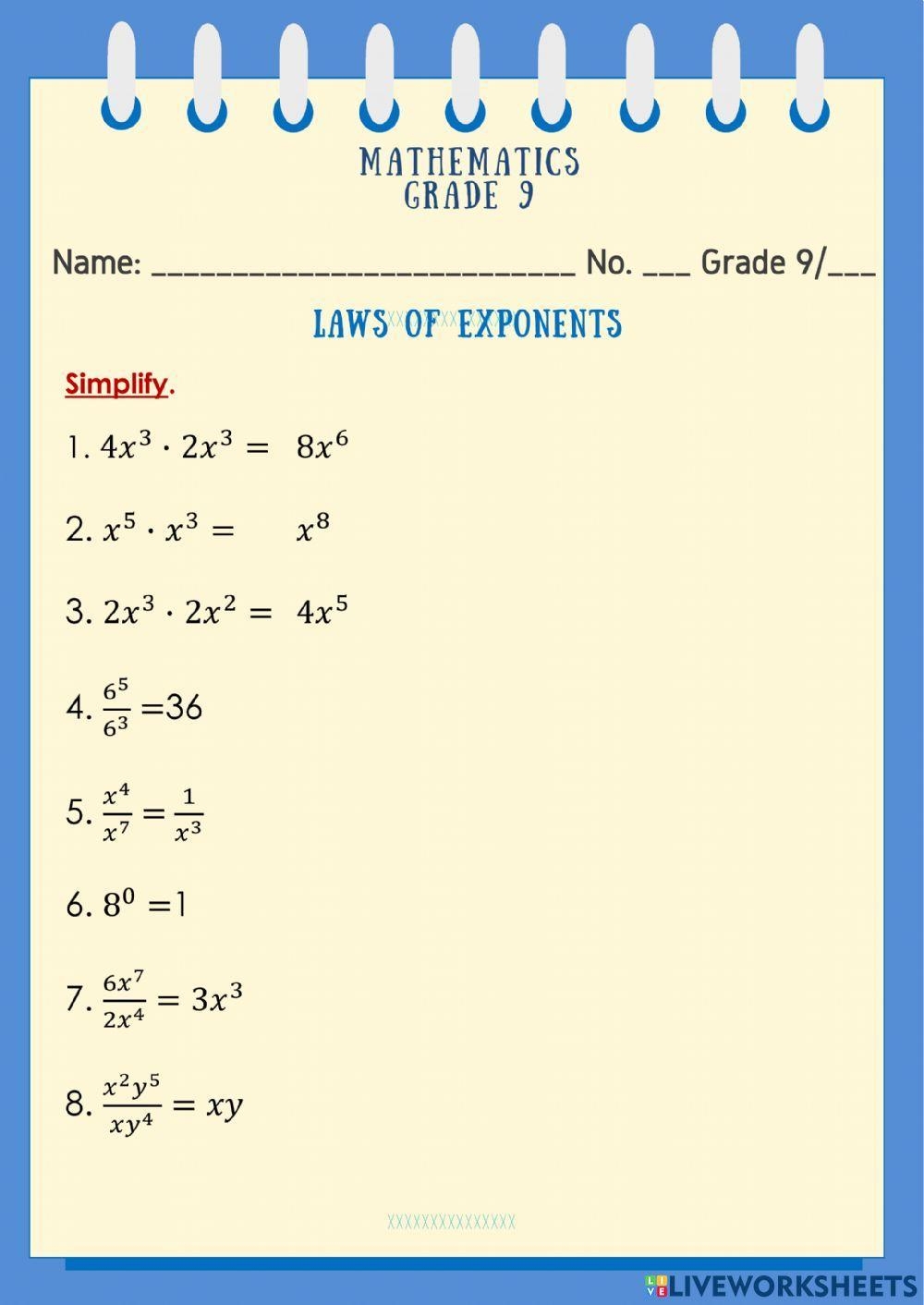 exponents worksheet