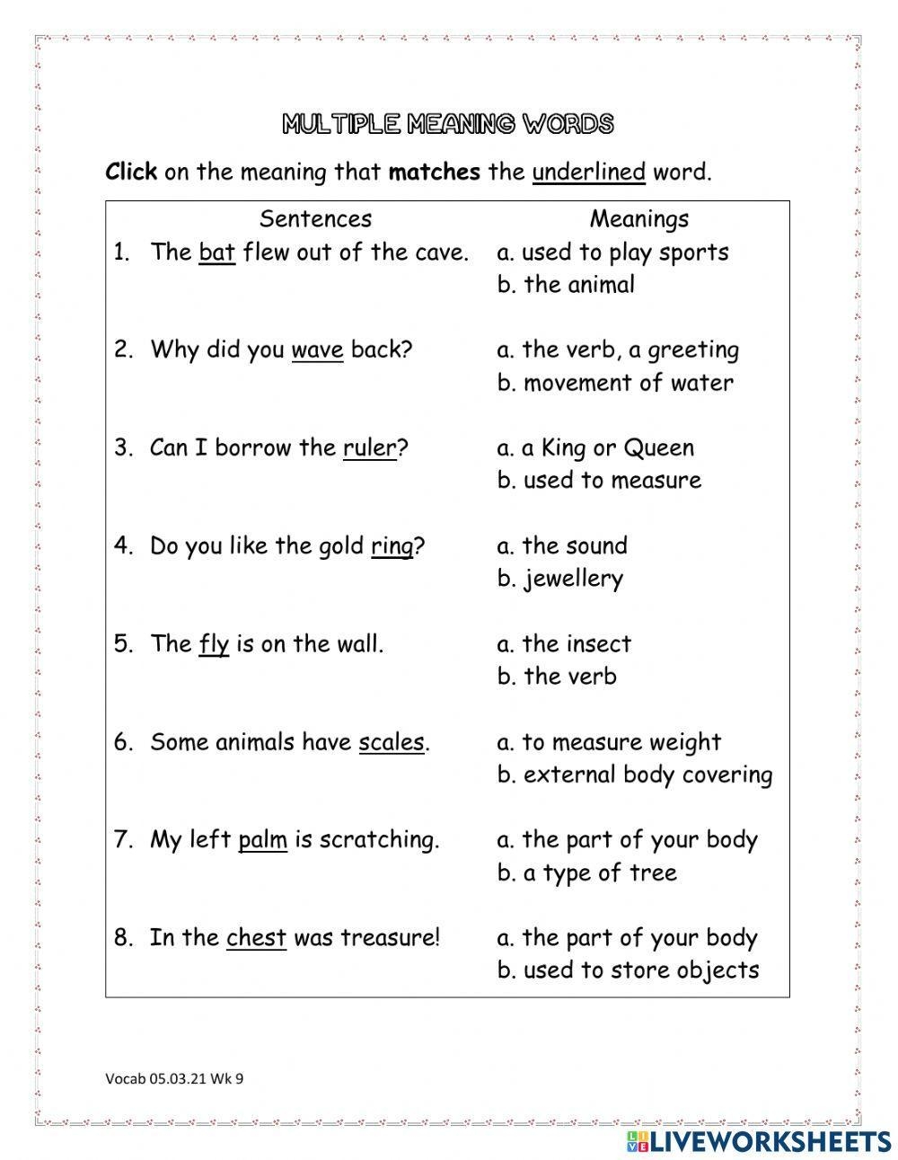 Learn Multiple Meaning Words Worksheets For Kindergarten K5 Learning 