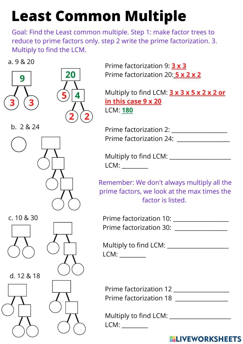 Least Common Multiples With Factor Trees Worksheet Live Worksheets 