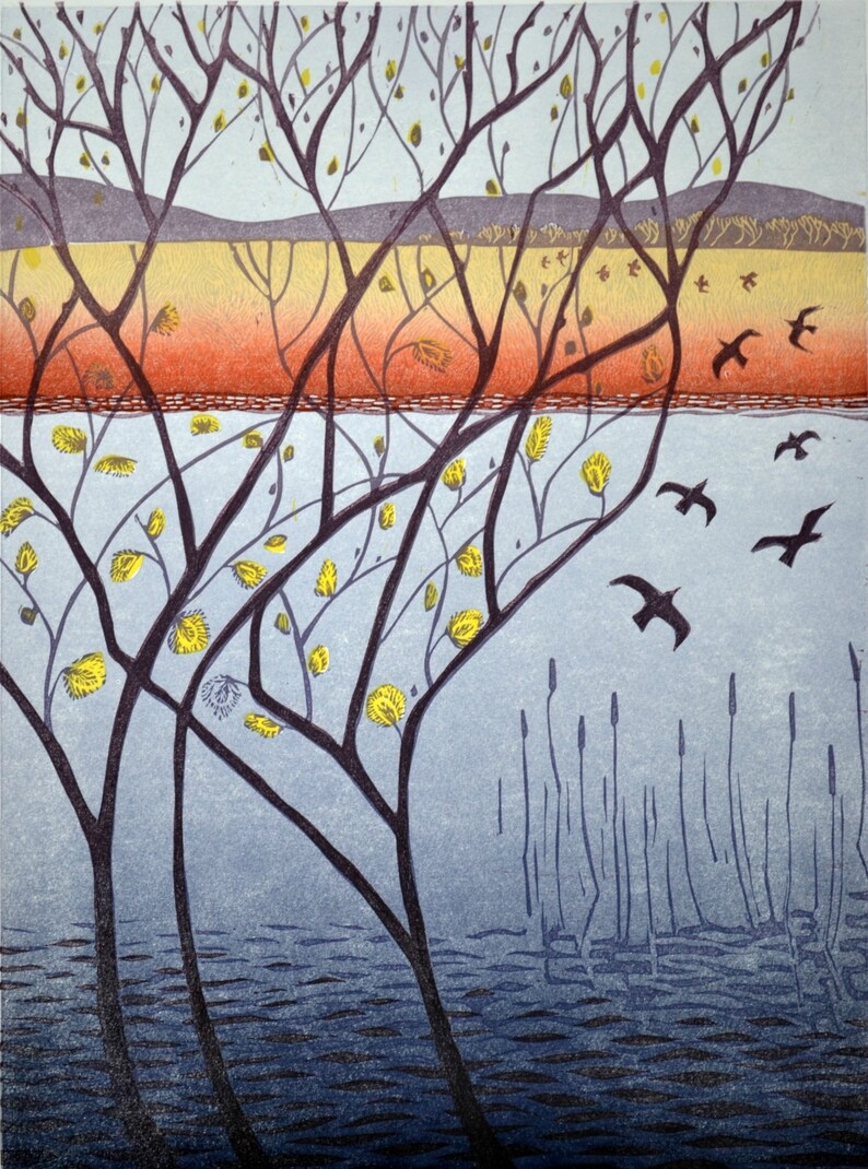 Lino Print With Willow Tree And Birds Etsy