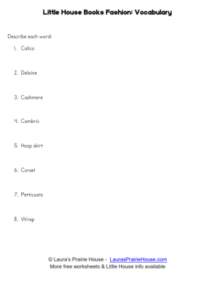 Little House Fashion Vocabulary Worksheet Laura Ingalls Wilder Little