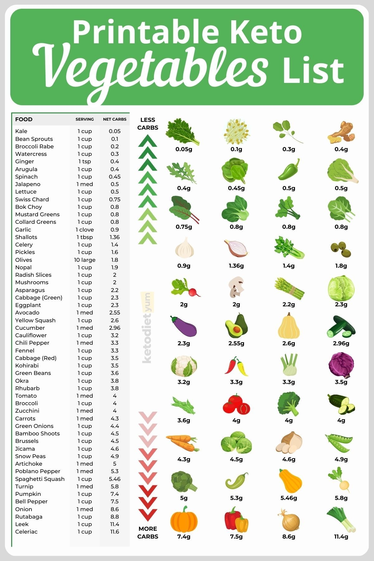 Low Carb Vegetables Printable List Diet Plan