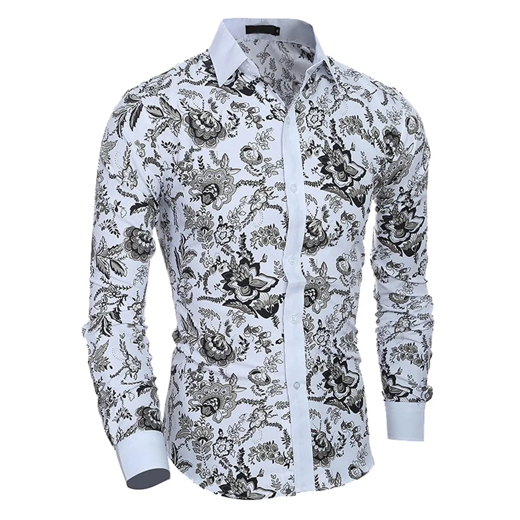 Male Floral Print Dress Shirts Mens Shirt Slim Fit Ethnic Flowers Long 