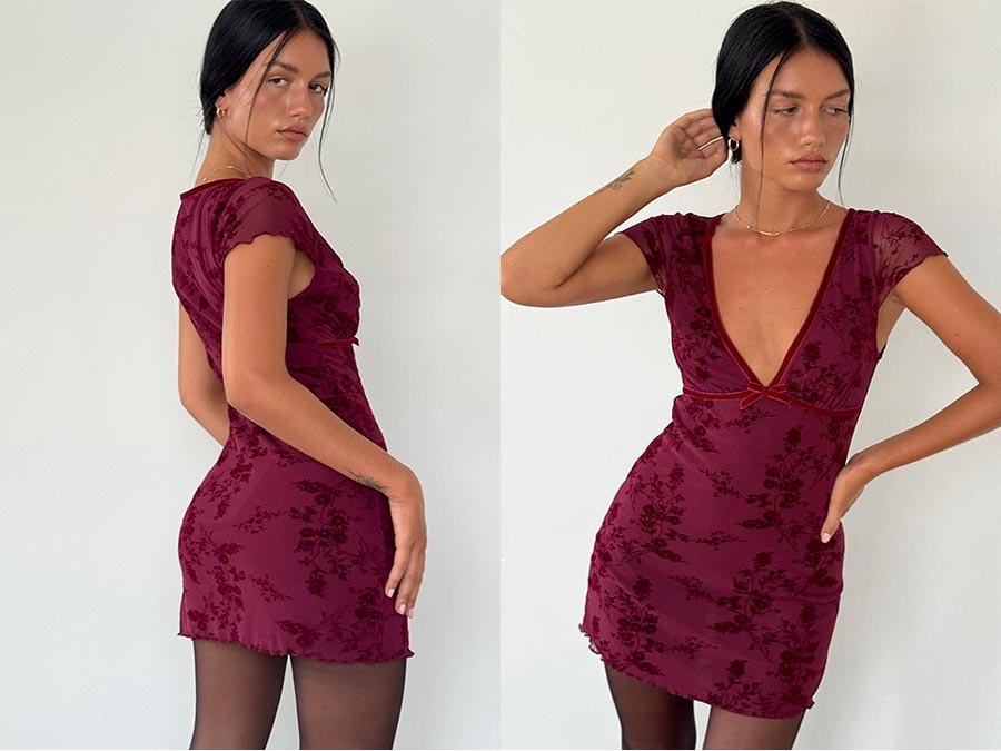 Maroon Flower Print Mini Dress Fashion ie 2024