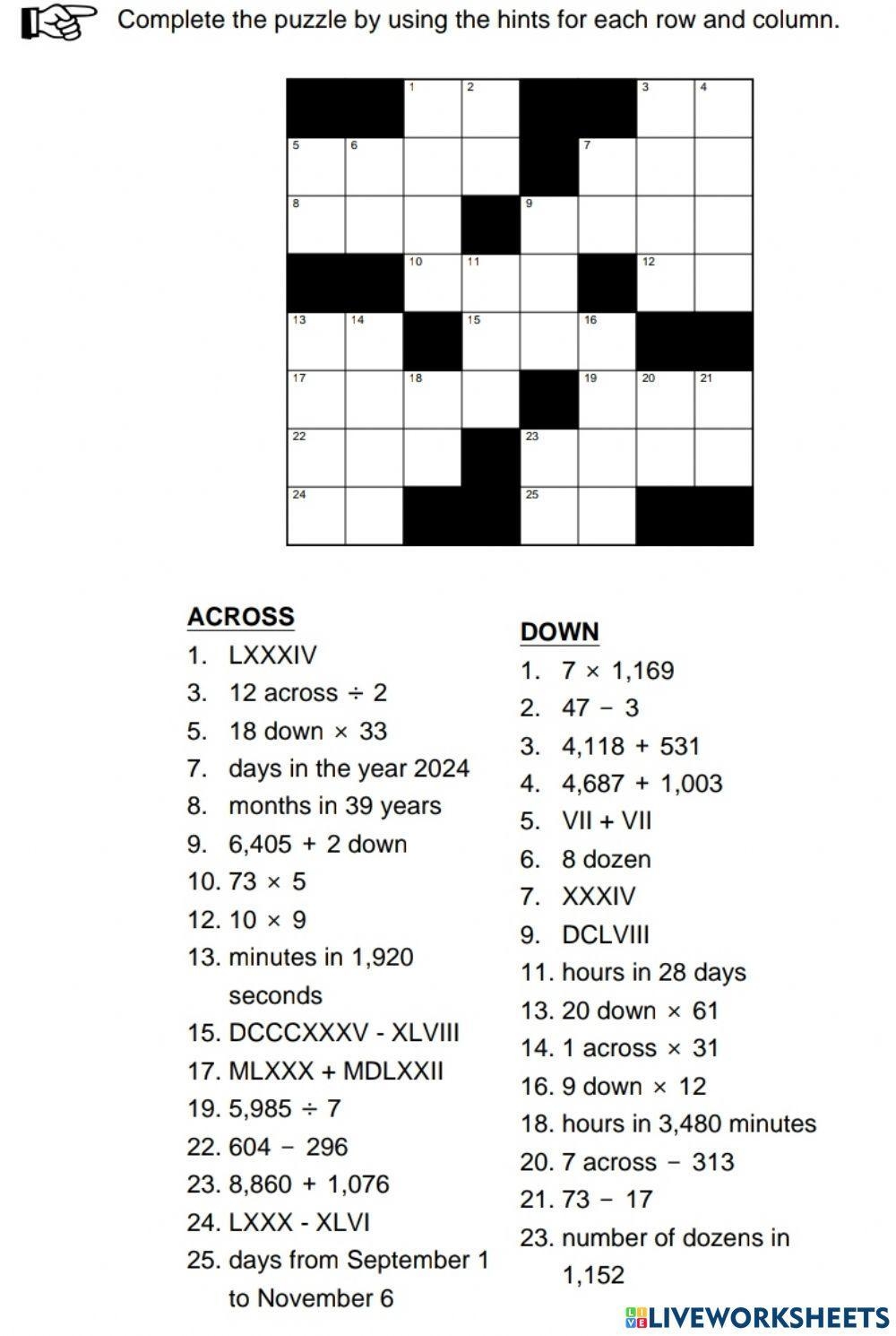 math crossword puzzles printable