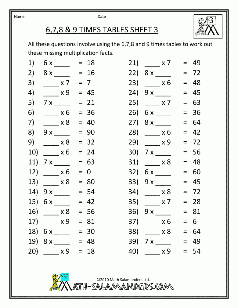Maths Times Tables Worksheets