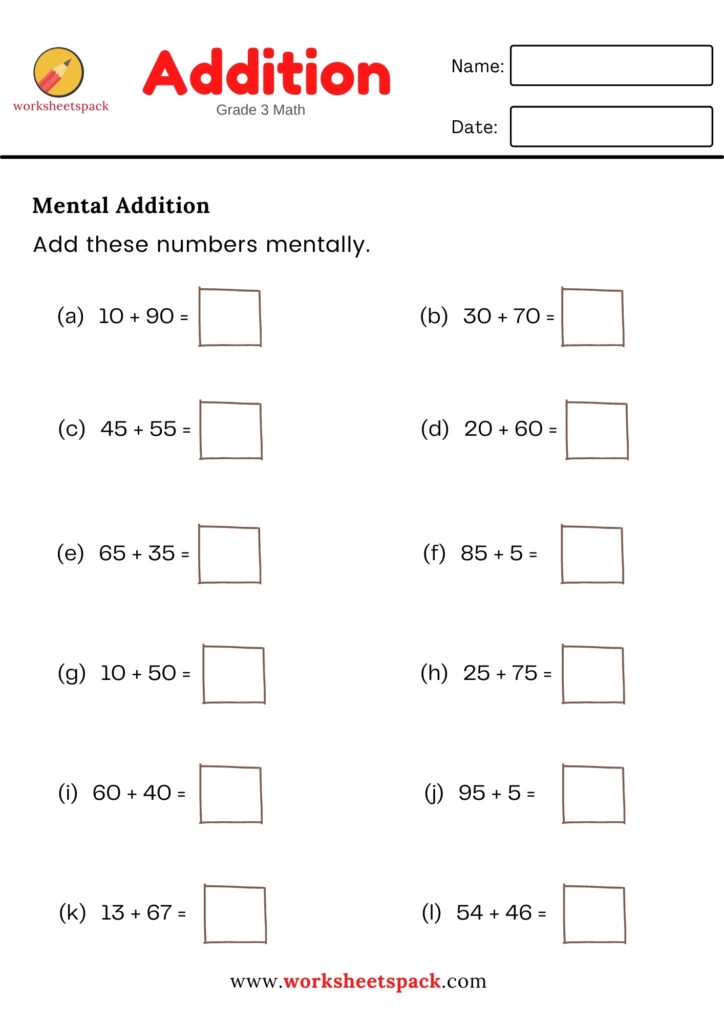 MENTAL MATH ADDITION 3RD GRADE Worksheetspack