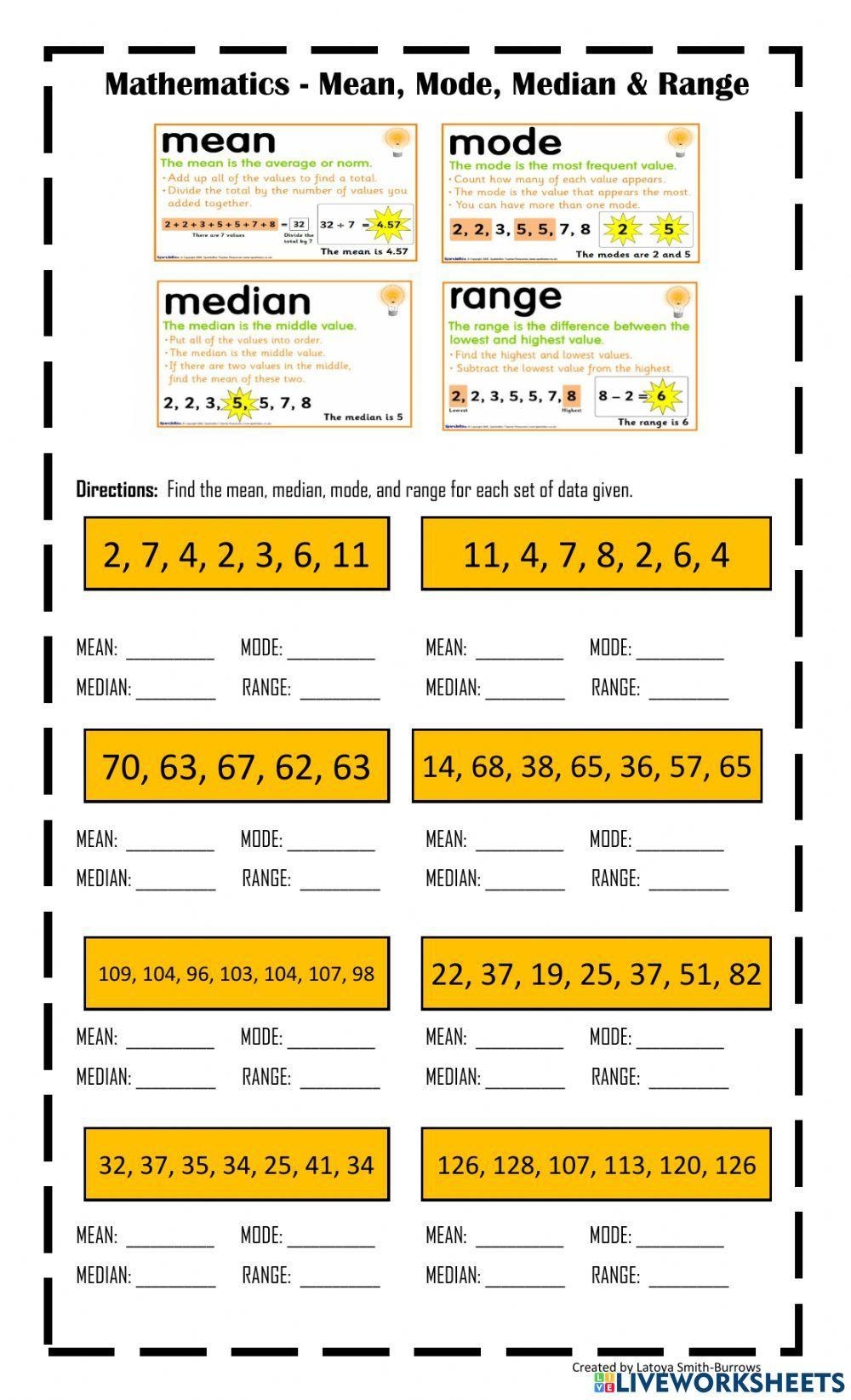 range mode median and mean worksheets