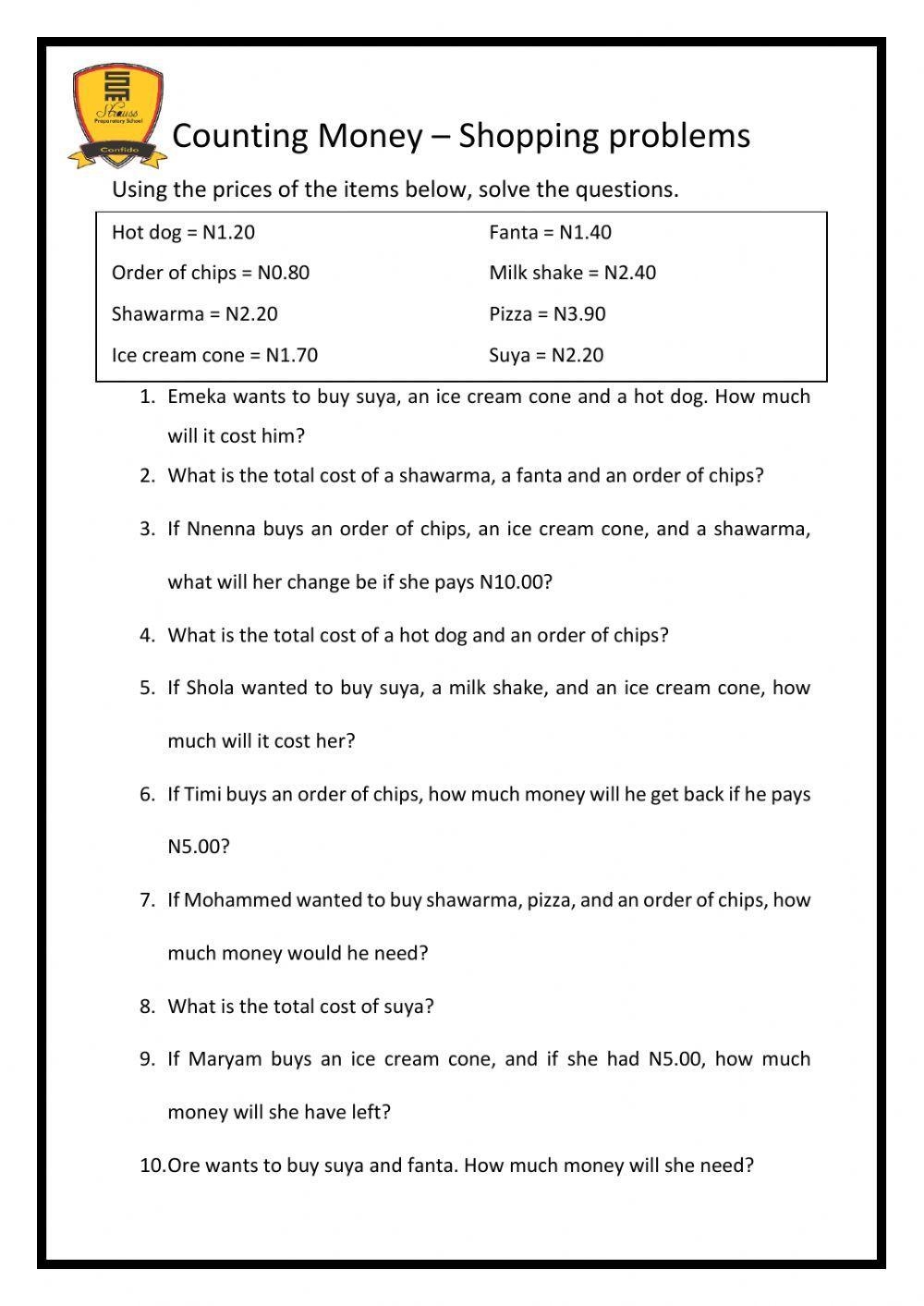 Money Word Problems Interactive Worksheet Live Worksheets 
