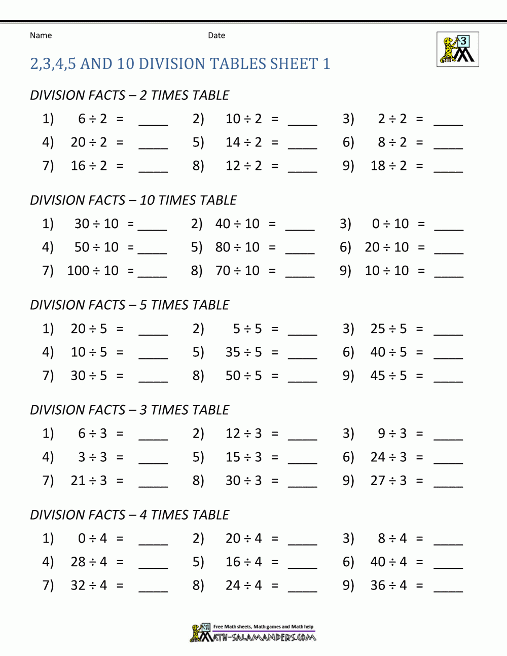 division facts worksheets