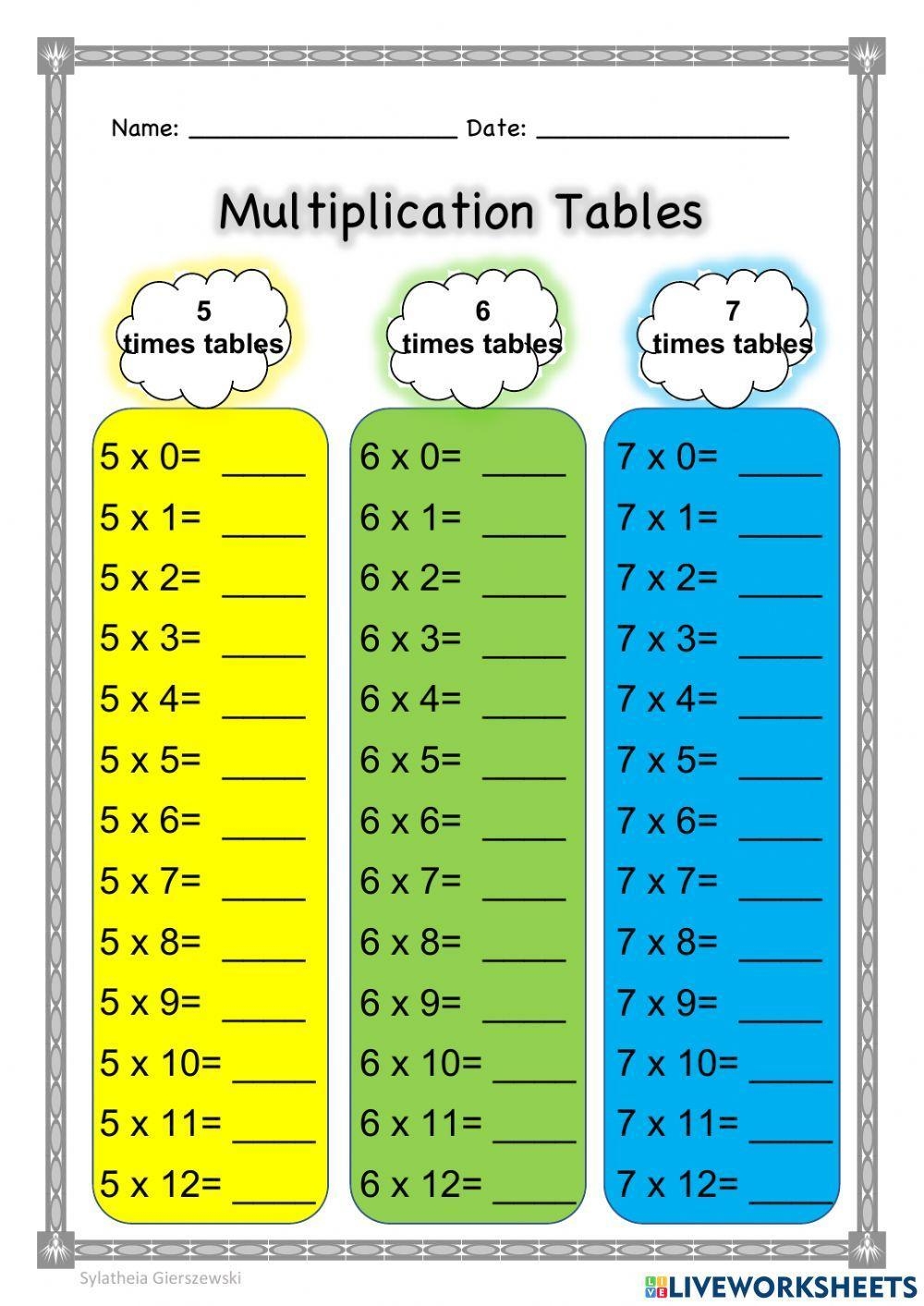 Multiplication Tables 5 6 7 Worksheet Live Worksheets 