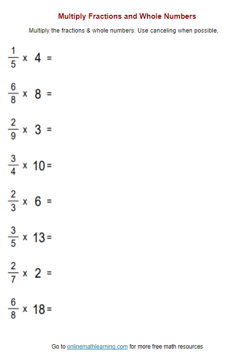 Multiply Fractions Whole Numbers Worksheet examples Answers Videos 