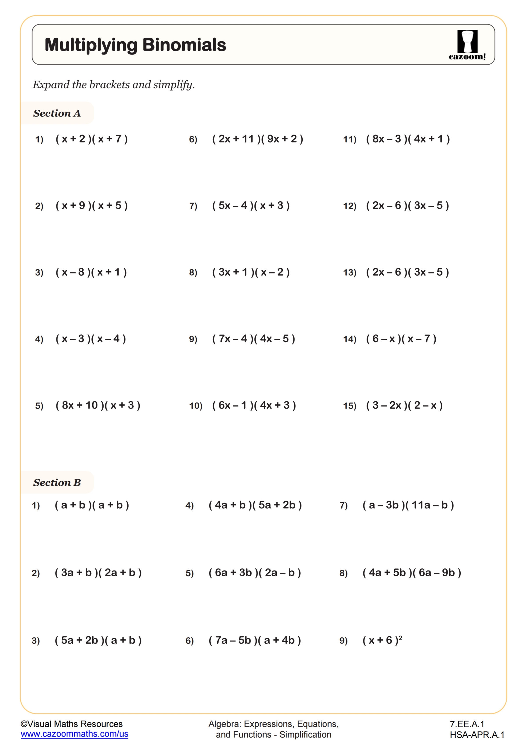 multiplying binomials worksheet