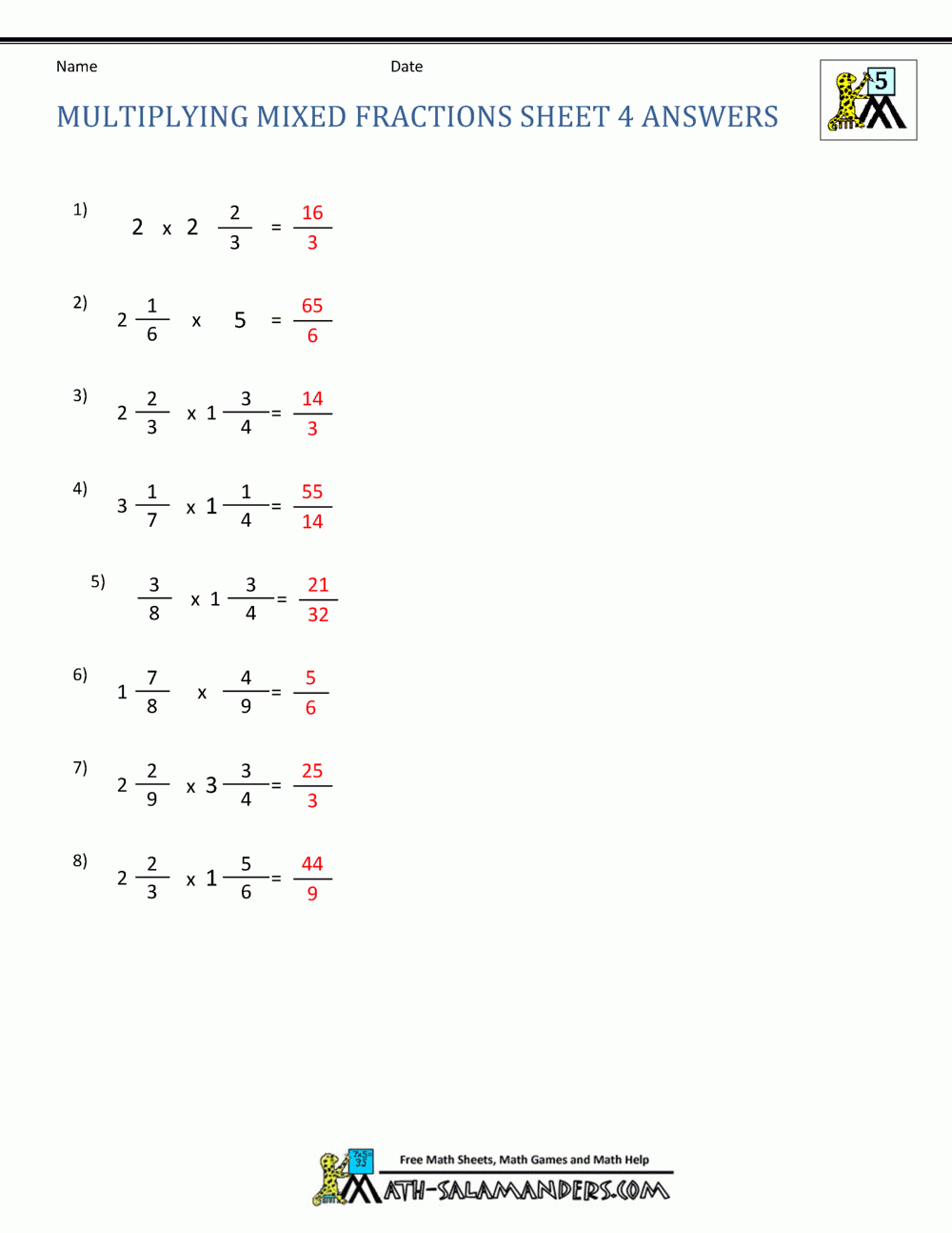 multiplying mixed numbers worksheet